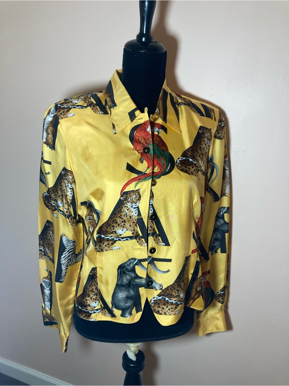 Vintage Yellow Satin Animal Print Button-Up Blouse